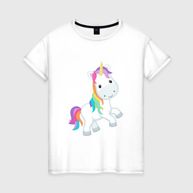 Женская футболка хлопок с принтом лошадка единорог радужный  в Белгороде, 100% хлопок | прямой крой, круглый вырез горловины, длина до линии бедер, слегка спущенное плечо | грива | детский | добрый | единорог | конь | лошадка | лошадь | пони | радуга | радужный | рисунок | хвост