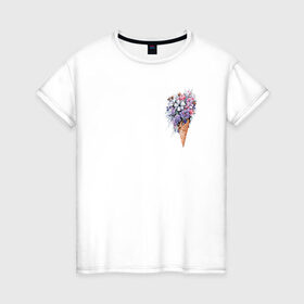 Женская футболка хлопок с принтом Цветочное мороженое в Белгороде, 100% хлопок | прямой крой, круглый вырез горловины, длина до линии бедер, слегка спущенное плечо | Тематика изображения на принте: flo | flowers | растения | флористика | цветение | цветы