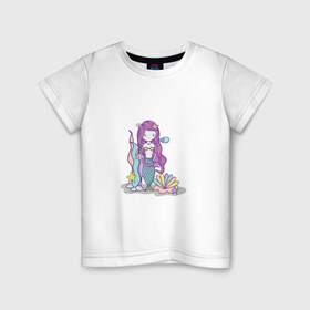Детская футболка хлопок с принтом русалка в Белгороде, 100% хлопок | круглый вырез горловины, полуприлегающий силуэт, длина до линии бедер | водросли | жемчужина | океан | ракушка | русалка