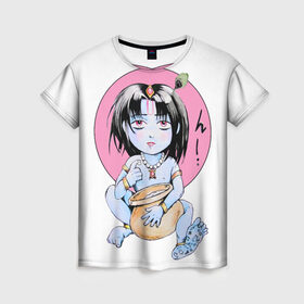 Женская футболка 3D с принтом Маленький Кришна в Белгороде, 100% полиэфир ( синтетическое хлопкоподобное полотно) | прямой крой, круглый вырез горловины, длина до линии бедер | аниме | индуизм | кришна | религия | харе кришна | японские надписи