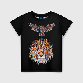 Детская футболка 3D с принтом Лев и Сова в Белгороде, 100% гипоаллергенный полиэфир | прямой крой, круглый вырез горловины, длина до линии бедер, чуть спущенное плечо, ткань немного тянется | animal | beast | cat | cute | fluffy | hunter | lion | lion cub | lion king | mane | predator | red | tail | tiger | yellow | большая кошка | голова тигра | грива | животное | зверь | король лев | кот | милый | охотник | пушистый | тигр | тиг
