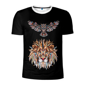 Мужская футболка 3D спортивная с принтом Лев и Сова в Белгороде, 100% полиэстер с улучшенными характеристиками | приталенный силуэт, круглая горловина, широкие плечи, сужается к линии бедра | animal | beast | cat | cute | fluffy | hunter | lion | lion cub | lion king | mane | predator | red | tail | tiger | yellow | большая кошка | голова тигра | грива | животное | зверь | король лев | кот | милый | охотник | пушистый | тигр | тиг