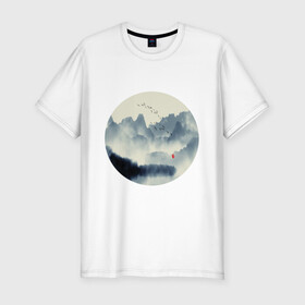Мужская футболка хлопок Slim с принтом Абстрактная природа в Белгороде, 92% хлопок, 8% лайкра | приталенный силуэт, круглый вырез ворота, длина до линии бедра, короткий рукав | абстракция | азиатский | арт | минимализм | пейзаж | природа | рисунок | хипстер | японский
