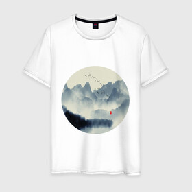 Мужская футболка хлопок с принтом Абстрактная природа в Белгороде, 100% хлопок | прямой крой, круглый вырез горловины, длина до линии бедер, слегка спущенное плечо. | абстракция | азиатский | арт | минимализм | пейзаж | природа | рисунок | хипстер | японский