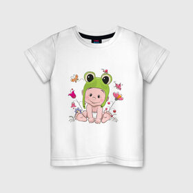 Детская футболка хлопок с принтом Малыш лягушенок в Белгороде, 100% хлопок | круглый вырез горловины, полуприлегающий силуэт, длина до линии бедер | бэби | ква | луг | лягушонок | малыш | младенец | поляна | ребенок | шапка