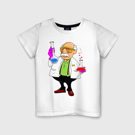 Детская футболка хлопок с принтом Ученый химик колбы в Белгороде, 100% хлопок | круглый вырез горловины, полуприлегающий силуэт, длина до линии бедер | биолог | дедуля | дедушка | колбы | лаборант | очки | перчатки | профессор | умник | ученый | халат | химик