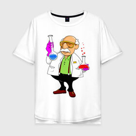 Мужская футболка хлопок Oversize с принтом Ученый химик колбы в Белгороде, 100% хлопок | свободный крой, круглый ворот, “спинка” длиннее передней части | биолог | дедуля | дедушка | колбы | лаборант | очки | перчатки | профессор | умник | ученый | халат | химик