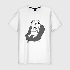 Мужская футболка хлопок Slim с принтом кот в наушниках в Белгороде, 92% хлопок, 8% лайкра | приталенный силуэт, круглый вырез ворота, длина до линии бедра, короткий рукав | Тематика изображения на принте: кот | котики | коты | кошка | музыка | наушники | телефон