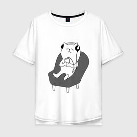 Мужская футболка хлопок Oversize с принтом кот в наушниках в Белгороде, 100% хлопок | свободный крой, круглый ворот, “спинка” длиннее передней части | кот | котики | коты | кошка | музыка | наушники | телефон