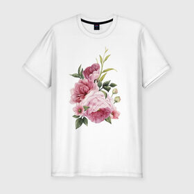 Мужская футболка хлопок Slim с принтом Акварельные розы в Белгороде, 92% хлопок, 8% лайкра | приталенный силуэт, круглый вырез ворота, длина до линии бедра, короткий рукав | акварель | ботаника | весна | женственность | иллюстрация | нежность | рисунок | розы | цветы