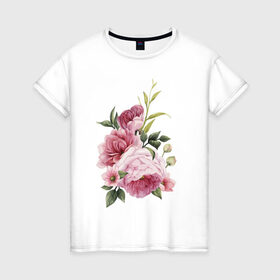 Женская футболка хлопок с принтом Акварельные розы в Белгороде, 100% хлопок | прямой крой, круглый вырез горловины, длина до линии бедер, слегка спущенное плечо | акварель | ботаника | весна | женственность | иллюстрация | нежность | рисунок | розы | цветы