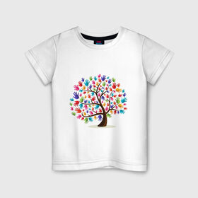 Детская футболка хлопок с принтом Дерево листья ладошка в Белгороде, 100% хлопок | круглый вырез горловины, полуприлегающий силуэт, длина до линии бедер | дерево | детский | ладошки | листья | мир | отпечатки | природа | рисунок | руки | символ