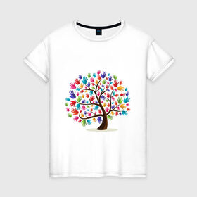 Женская футболка хлопок с принтом Дерево листья ладошка в Белгороде, 100% хлопок | прямой крой, круглый вырез горловины, длина до линии бедер, слегка спущенное плечо | дерево | детский | ладошки | листья | мир | отпечатки | природа | рисунок | руки | символ