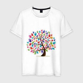 Мужская футболка хлопок с принтом Дерево листья ладошка в Белгороде, 100% хлопок | прямой крой, круглый вырез горловины, длина до линии бедер, слегка спущенное плечо. | дерево | детский | ладошки | листья | мир | отпечатки | природа | рисунок | руки | символ