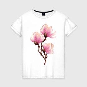 Женская футболка хлопок с принтом ветка магнолии в цвету в Белгороде, 100% хлопок | прямой крой, круглый вырез горловины, длина до линии бедер, слегка спущенное плечо | весна | ветка | веточка | женственно | жизнь | магнолия | нежно | розовый | цвет | цветет | цветы