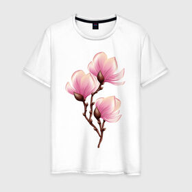Мужская футболка хлопок с принтом ветка магнолии в цвету в Белгороде, 100% хлопок | прямой крой, круглый вырез горловины, длина до линии бедер, слегка спущенное плечо. | весна | ветка | веточка | женственно | жизнь | магнолия | нежно | розовый | цвет | цветет | цветы