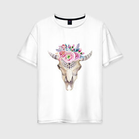 Женская футболка хлопок Oversize с принтом Черепушка с цветочками в Белгороде, 100% хлопок | свободный крой, круглый ворот, спущенный рукав, длина до линии бедер
 | акварель | весна | животные | жизнь продолжается | магия | рисунок | ритуал | цветы | череп | эзотерика