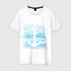Мужская футболка хлопок с принтом якорь на акварельном фоне в Белгороде, 100% хлопок | прямой крой, круглый вырез горловины, длина до линии бедер, слегка спущенное плечо. | акварель | белый | вода | знак | море | моряк | путешествие | якорь