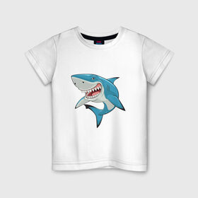 Детская футболка хлопок с принтом акула злая в Белгороде, 100% хлопок | круглый вырез горловины, полуприлегающий силуэт, длина до линии бедер | Тематика изображения на принте: акула | злая | зубы | море | океан | опасность | пасть | природа | рисунок | рыба