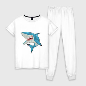 Женская пижама хлопок с принтом акула злая в Белгороде, 100% хлопок | брюки и футболка прямого кроя, без карманов, на брюках мягкая резинка на поясе и по низу штанин | акула | злая | зубы | море | океан | опасность | пасть | природа | рисунок | рыба