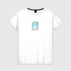 Женская футболка хлопок с принтом Kawaii milk в Белгороде, 100% хлопок | прямой крой, круглый вырез горловины, длина до линии бедер, слегка спущенное плечо | kawaii milk | еда | иероглифы | кавайное молоко | милый | япония