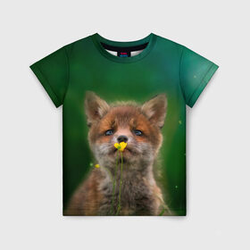 Детская футболка 3D с принтом Лисенок нюхает цветок в Белгороде, 100% гипоаллергенный полиэфир | прямой крой, круглый вырез горловины, длина до линии бедер, чуть спущенное плечо, ткань немного тянется | fox | foxy | животное | звери | лиса | лисенок | лисичка | милая | рыжая | фокс