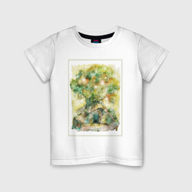 Детская футболка хлопок с принтом Волшебный дом в Белгороде, 100% хлопок | круглый вырез горловины, полуприлегающий силуэт, длина до линии бедер | акварель | дерево | детский | дом | желтый | зеленый | иллюстрация | магия | оранжевый | рисунок