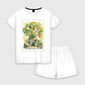 Женская пижама с шортиками хлопок с принтом Волшебный дом в Белгороде, 100% хлопок | футболка прямого кроя, шорты свободные с широкой мягкой резинкой | акварель | дерево | детский | дом | желтый | зеленый | иллюстрация | магия | оранжевый | рисунок