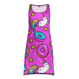 Платье-майка 3D с принтом Единороги с пончиками в Белгороде, 100% полиэстер | полуприлегающий силуэт, широкие бретели, круглый вырез горловины, удлиненный подол сзади. | dab | dab единорог | dabbing unicorn | unicorn | брызги красок | детская | единорог радуга | краски | круги | прикольные картинки | радуга | радужные краски | радужный единорог | утята