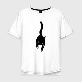 Мужская футболка хлопок Oversize с принтом Убегающий кот в Белгороде, 100% хлопок | свободный крой, круглый ворот, “спинка” длиннее передней части | animals | cat | kitty | meow | животные | звери | киса | киска | кот | котенок | кошак | кошачьи лапки | лапки | милые создания | минимализм | мультяшный | мур | мяу | питомец | попка котика | прыжок | рисунок