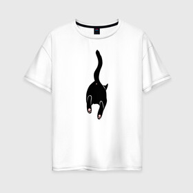 Женская футболка хлопок Oversize с принтом Убегающий кот в Белгороде, 100% хлопок | свободный крой, круглый ворот, спущенный рукав, длина до линии бедер
 | animals | cat | kitty | meow | животные | звери | киса | киска | кот | котенок | кошак | кошачьи лапки | лапки | милые создания | минимализм | мультяшный | мур | мяу | питомец | попка котика | прыжок | рисунок
