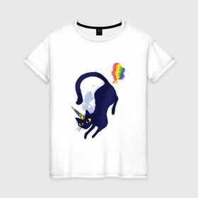 Женская футболка хлопок с принтом Кот Единорог в космосе в Белгороде, 100% хлопок | прямой крой, круглый вырез горловины, длина до линии бедер, слегка спущенное плечо | cat | creepy | cringe | cute | fart | farts | fly | fly away | funny | horn | rainbow | rocket | unicorn | unicorns | котик | кошка | летит | луна | лунный | милый | пегас | пони | прикол | пук | пукает | радуга | рог | смешной | улетает | уп