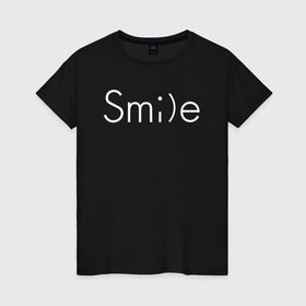 Женская футболка хлопок с принтом SMILE | УЛЫБКА в Белгороде, 100% хлопок | прямой крой, круглый вырез горловины, длина до линии бедер, слегка спущенное плечо | creative | minimalism | smile | креатив | креативная | минимал | минимализм | надпись | смайл | смайлик | текст | улыбка
