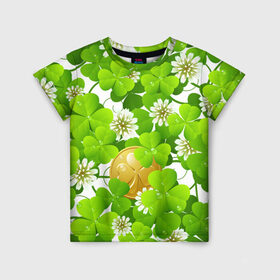 Детская футболка 3D с принтом Ирландский Клевер и Монетка в Белгороде, 100% гипоаллергенный полиэфир | прямой крой, круглый вырез горловины, длина до линии бедер, чуть спущенное плечо, ткань немного тянется | день ирландии | зеленая | зеленый | ирландец | ирландская | ирландский | клевер | монета | патрик | с патриком