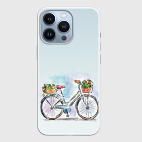 Чехол для iPhone 13 Pro с принтом акварельный велосипед в Белгороде,  |  | акварель | багажник | букет | велосипед | женский велик | корзинка | краска | мило | низкая рама | рисунок