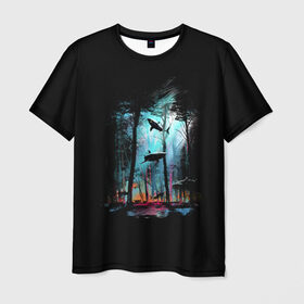 Мужская футболка 3D с принтом Shark forest в Белгороде, 100% полиэфир | прямой крой, круглый вырез горловины, длина до линии бедер | bottom | colors | dusk | ecosystem | forest | paints | predator | predators | shark | sharks | tree | trees | акула | акулы | дерево | деревья | дно | краски | лес | сумерки | хищник | хищники | экосистема