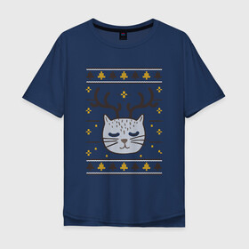 Мужская футболка хлопок Oversize с принтом Рождественский свитер с котом в Белгороде, 100% хлопок | свободный крой, круглый ворот, “спинка” длиннее передней части | Тематика изображения на принте: food | mandarins | mem | meme | new year | sweater | ugly | в слюнявчике | еда | жрать | жрац | кот | котяра | кушац | кушот | мем | мем с котом | мемы | неси | новый год | оливье | прикол | рождество | свитер | слюнявчик