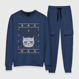 Женский костюм хлопок с принтом Рождественский свитер с котом в Белгороде, 100% хлопок | на свитшоте круглая горловина, мягкая резинка по низу. Брюки заужены к низу, на них два вида карманов: два 