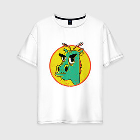 Женская футболка хлопок Oversize с принтом Зеленый дракон в стиле ретро в Белгороде, 100% хлопок | свободный крой, круглый ворот, спущенный рукав, длина до линии бедер
 | cartoon | cringe | crush | cute | dragon | fashion | hipster | merch | retro | vintage | винтаж | драго | дракон мерч | краш | кринж | мерч | милота | мультфильм | потертости | прикол | пятна | сережка | серьга | стиль | трещины | упоротый | 