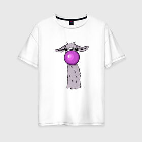 Женская футболка хлопок Oversize с принтом Лама в Белгороде, 100% хлопок | свободный крой, круглый ворот, спущенный рукав, длина до линии бедер
 | Тематика изображения на принте: bubble gum | lama | no drama | баблгам | бубльгум | лама | лама с жвачкой | пузырь