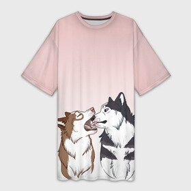 Платье-футболка 3D с принтом Хаски играют в Белгороде,  |  | акито | вместе | волк | волки | гав | друг | зевает | играют | кусь | лижет | облизывают | пара | пес | питомец | рисунок | собака | собачка | хаски
