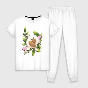 Женская пижама хлопок с принтом Couple of birds в Белгороде, 100% хлопок | брюки и футболка прямого кроя, без карманов, на брюках мягкая резинка на поясе и по низу штанин | 8 марта | girl | woman | бабушка | весна | девушкам | девушке | девушки | женский | листья | мама | март | пионы | подарок | тренд | цветочки | цветы
