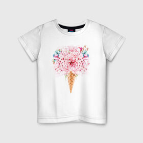 Детская футболка хлопок с принтом Flowers ice cream в Белгороде, 100% хлопок | круглый вырез горловины, полуприлегающий силуэт, длина до линии бедер | 8 марта | girl | woman | бабушка | весна | девушкам | девушке | девушки | женский | листья | мама | март | пионы | подарок | тренд | цветочки | цветы
