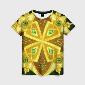 Женская футболка 3D с принтом Золотой клевер в Белгороде, 100% полиэфир ( синтетическое хлопкоподобное полотно) | прямой крой, круглый вырез горловины, длина до линии бедер | золото | кельтский узор | клевер | подарки | узор