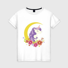 Женская футболка хлопок с принтом единорог полумесяц цветы в Белгороде, 100% хлопок | прямой крой, круглый вырез горловины, длина до линии бедер, слегка спущенное плечо | грива | детский | добрый | единорог | лошадка | луна | месяц | полумесяц | пони | портрет | радужный | рисунок | цветы