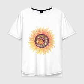 Мужская футболка хлопок Oversize с принтом большой подсолнух рисунок в Белгороде, 100% хлопок | свободный крой, круглый ворот, “спинка” длиннее передней части | Тематика изображения на принте: акварель | желтый | краска | лето | оранжевый | подсолнухи | рисунок | рубэкия | румбекия | солнце | цветы | ярко