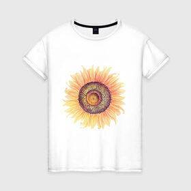 Женская футболка хлопок с принтом большой подсолнух рисунок в Белгороде, 100% хлопок | прямой крой, круглый вырез горловины, длина до линии бедер, слегка спущенное плечо | акварель | желтый | краска | лето | оранжевый | подсолнухи | рисунок | рубэкия | румбекия | солнце | цветы | ярко