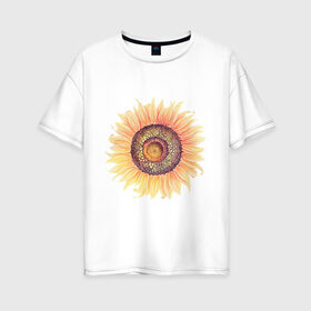 Женская футболка хлопок Oversize с принтом большой подсолнух рисунок в Белгороде, 100% хлопок | свободный крой, круглый ворот, спущенный рукав, длина до линии бедер
 | акварель | желтый | краска | лето | оранжевый | подсолнухи | рисунок | рубэкия | румбекия | солнце | цветы | ярко