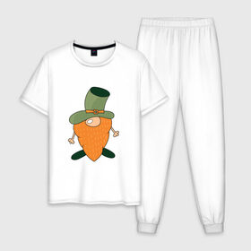 Мужская пижама хлопок с принтом Гном - День святого Патрика в Белгороде, 100% хлопок | брюки и футболка прямого кроя, без карманов, на брюках мягкая резинка на поясе и по низу штанин
 | борода | гном | день святого патрика | зеленый | ирландия | лепрекон | мультяшный | оранжевый | патрик | подарок | символ | смешной | фэнтези | шляпа
