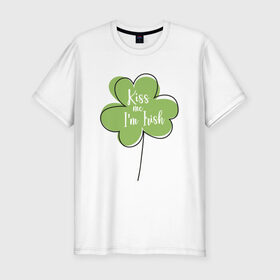 Мужская футболка хлопок Slim с принтом День святого Патрика - Kiss me в Белгороде, 92% хлопок, 8% лайкра | приталенный силуэт, круглый вырез ворота, длина до линии бедра, короткий рукав | kiss me i am irish | день святого патрика | зеленый | ирландия | клевер | листик | мультяшный | на английском | надпись | патрик | подарок | прикол | символ